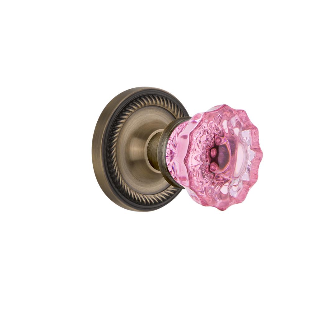 Nostalgic Warehouse ROPCRP Colored Crystal Rope Rosette Single Dummy Crystal Pink Glass Door Knob in Antique Brass